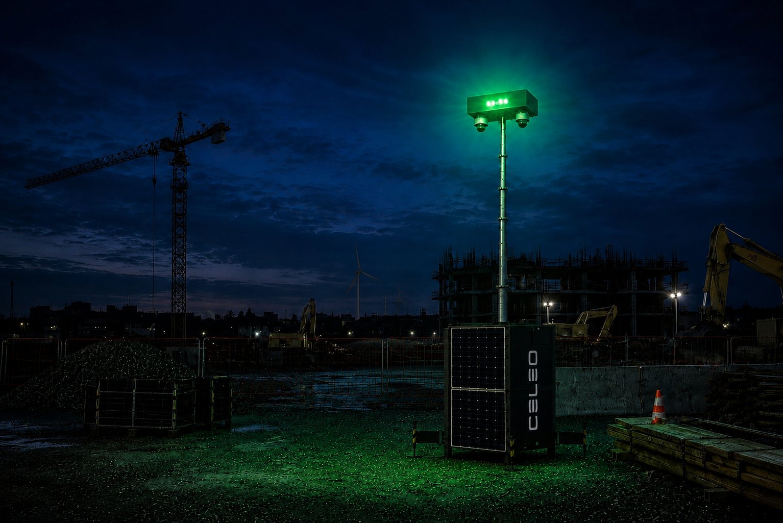 Tour de vidéosurveillance autonome CELEO en veille sur un site de nuit, halo vert visible à plusieurs centaines de mètres