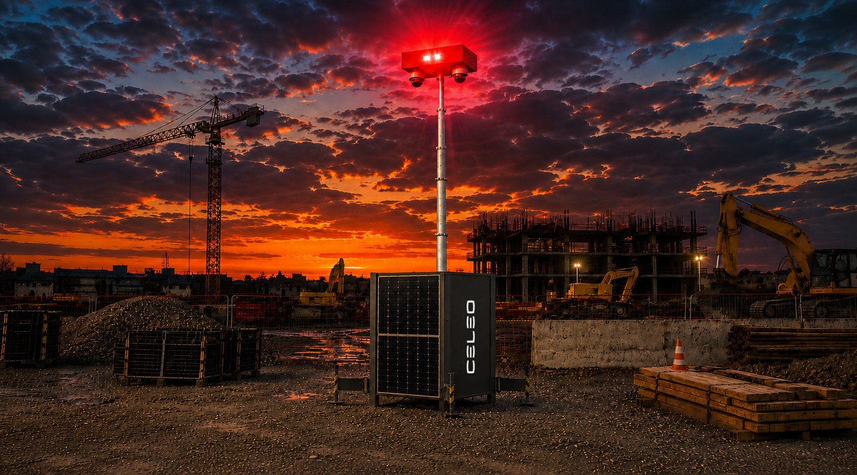 Tour de vidéosurveillance CELEO en alerte sur un chantier au crépuscule