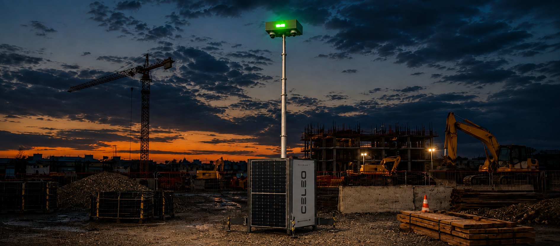 Tour de vidéosurveillance CELEO louée sur un chantier au crépuscule