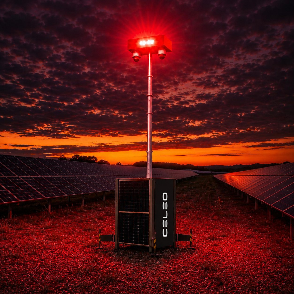 Tour de vidéosurveillance CELEO en alerte sur un parc photovoltaïque au crépuscule