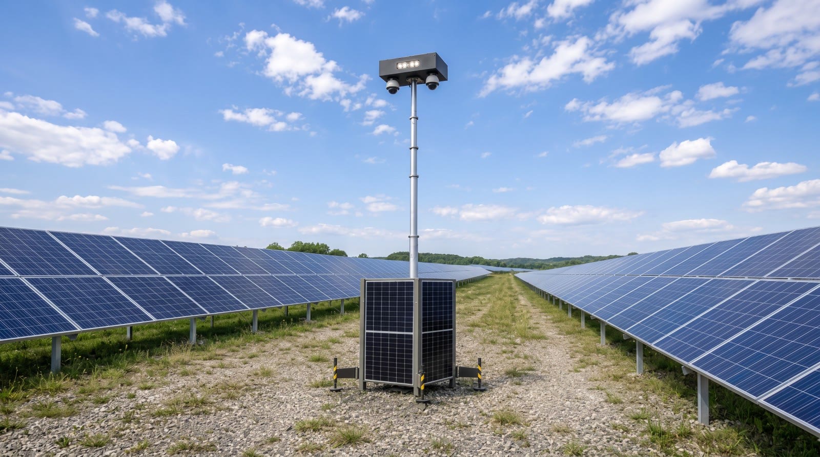 Tour de vidéosurveillance autonome CELEO Solar dans un parc photovoltaïque : caméras 360°, mât et socle à panneaux solaires
